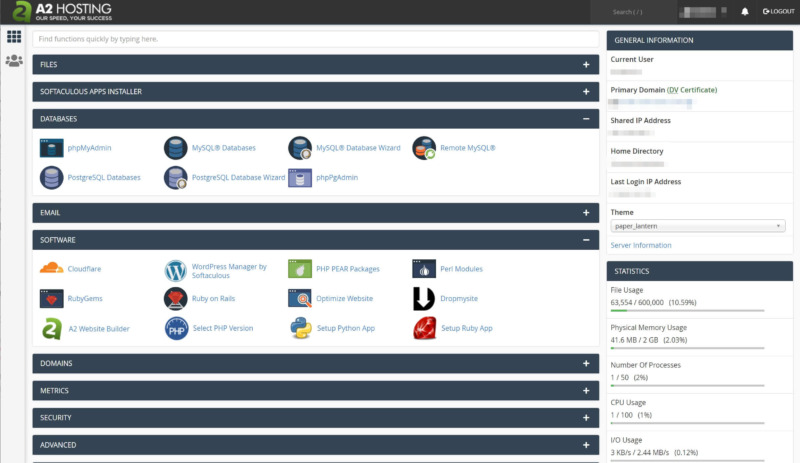 The main cPanel page in A2 Hosting.