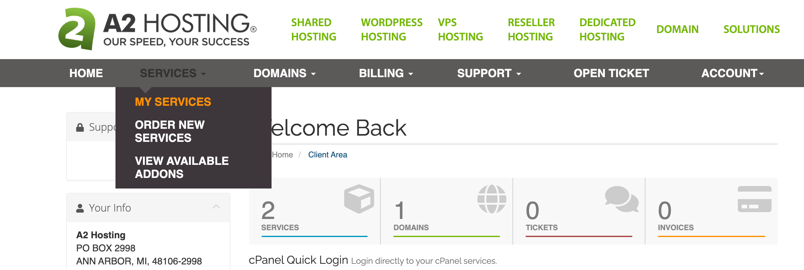 The 'Services' tab of the A2 Hosting Customer Portal menu.