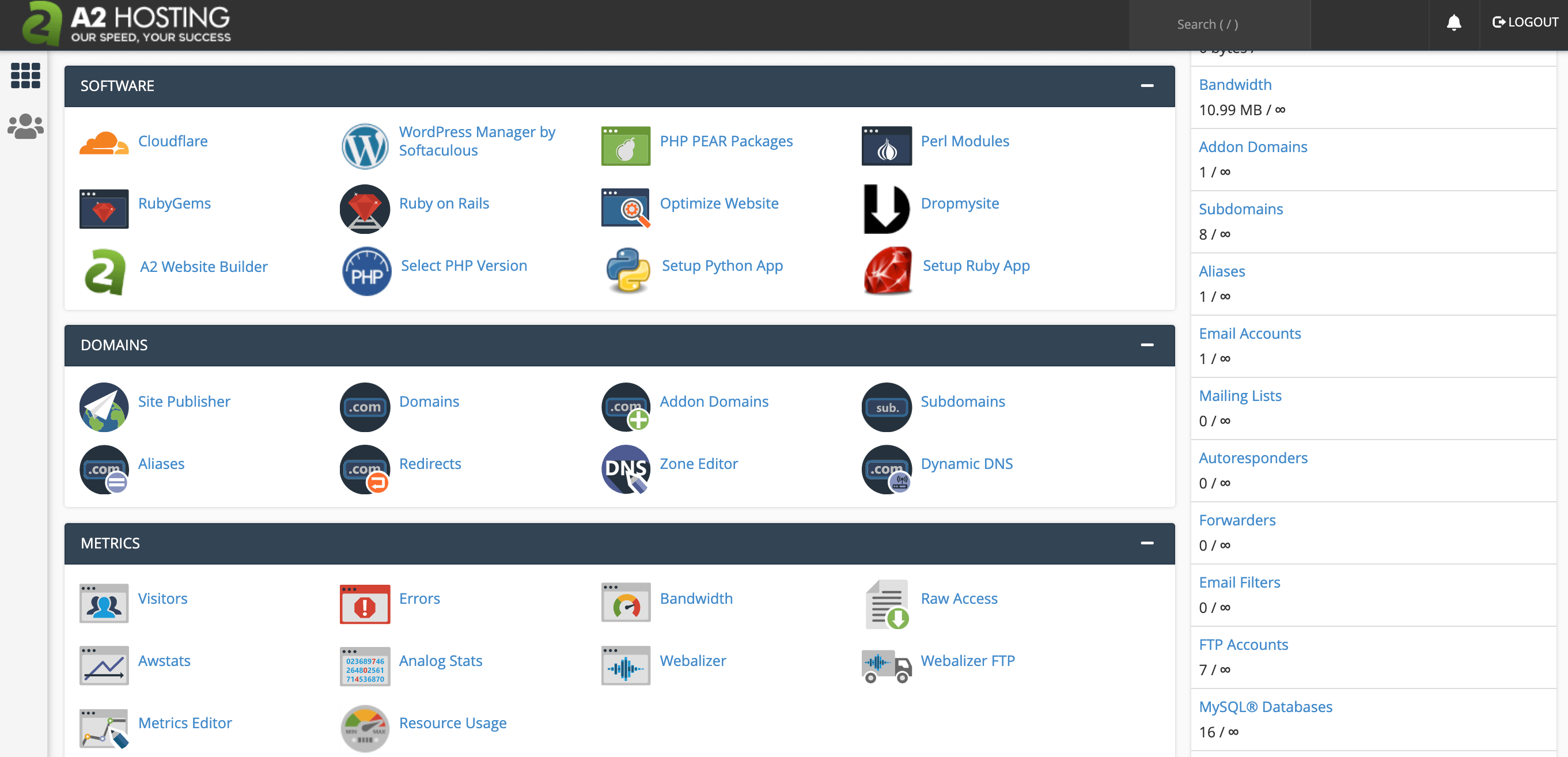 The A2 Hosting cPanel dashboard.