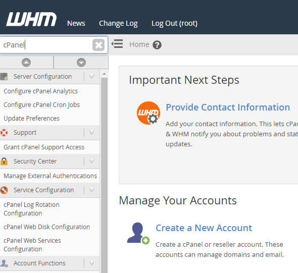 create new account in WHM