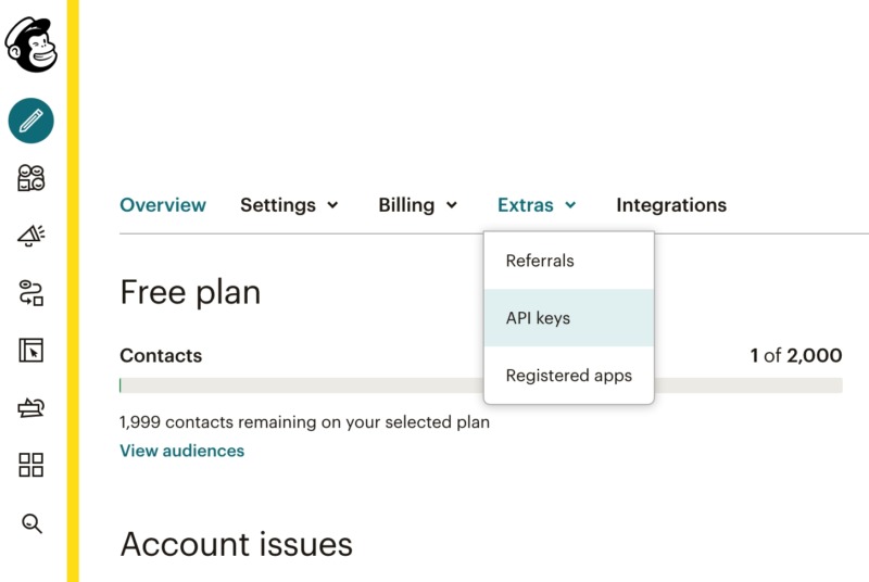 Generating an API key using Mailchimp.