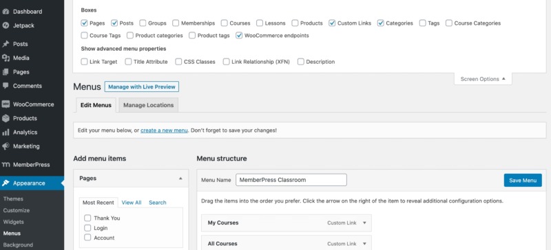 WordPress screen option settings,