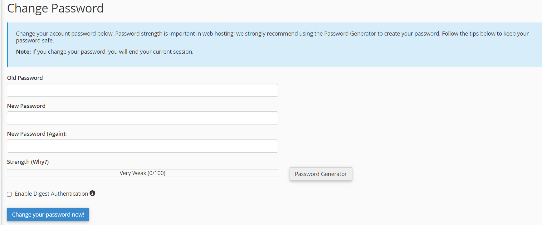 The change password interface