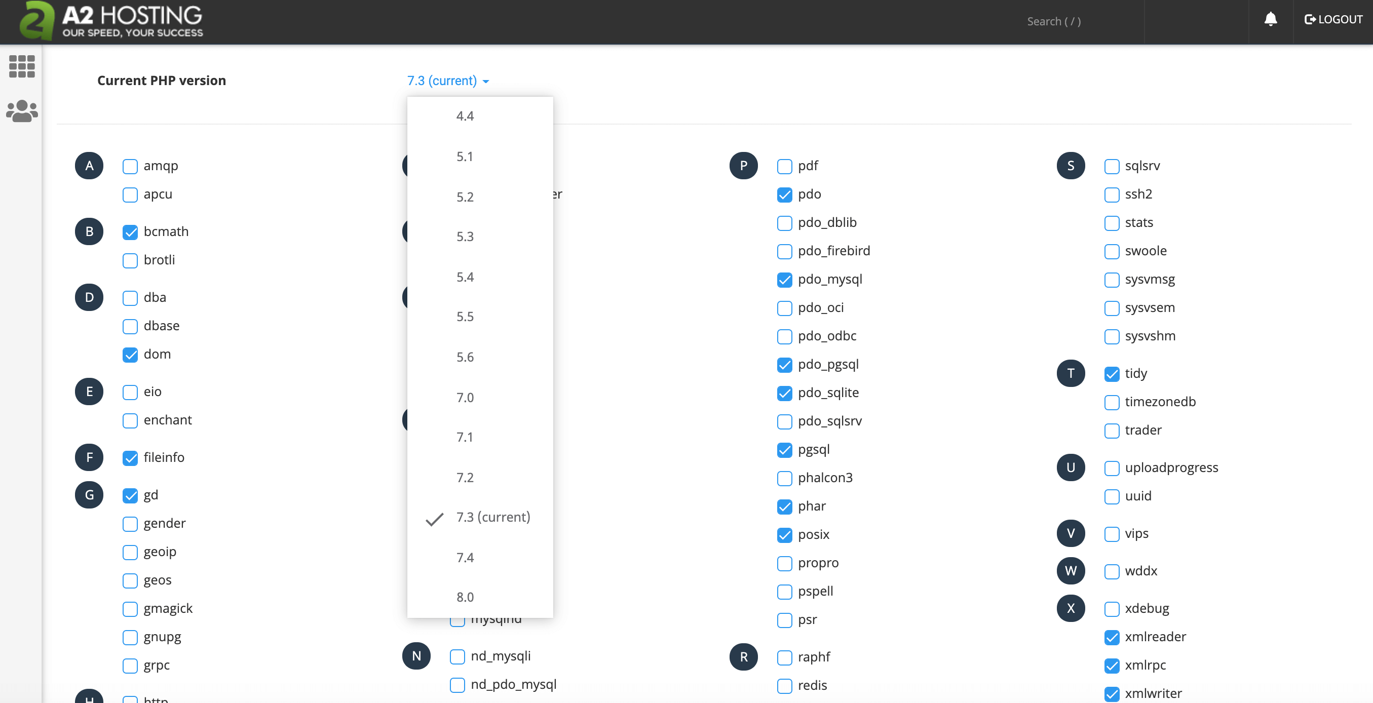 A2 Hosting's PHP Selector tool.