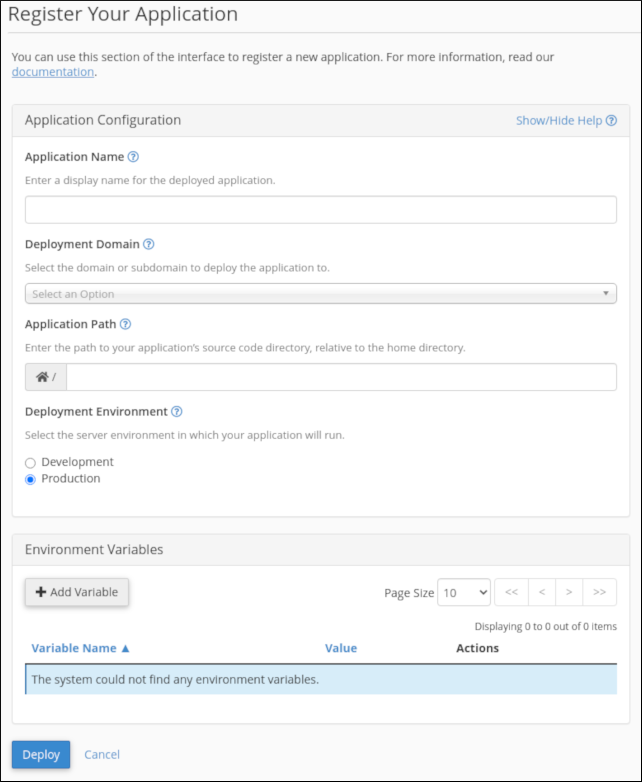 cPanel - Application Manager - Register Your Application page