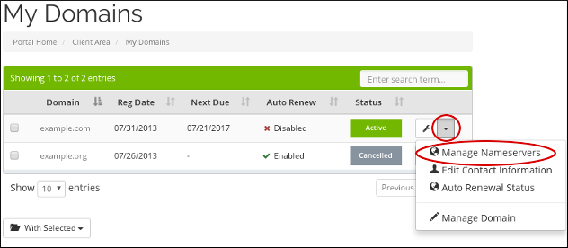 Customer Portal - Domains - Manage Nameservers