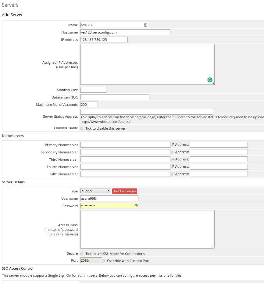 Fill out server information